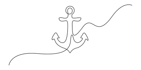 Minimalist, continuous line drawing of a nautical anchor vector design 
