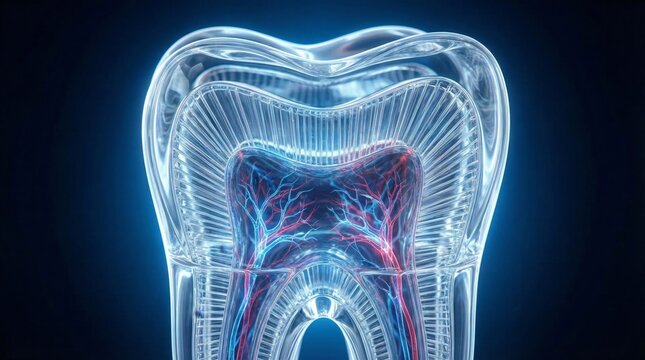 Human tooth presenting anatomical structure with transparent rendering, highlighting the pulp, nerves, and blood vessels within, depicting dentistry concepts, healthcare, and human biology