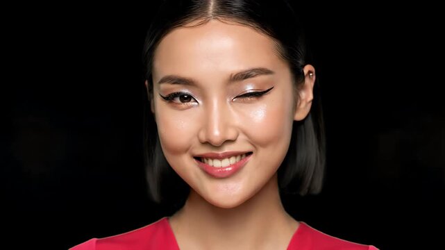 A Young Woman With Trendy Futuristic Makeup, Winking With A Playful Smile, A Bright Amaranth-Colored Top That Stands Out In Close-up.