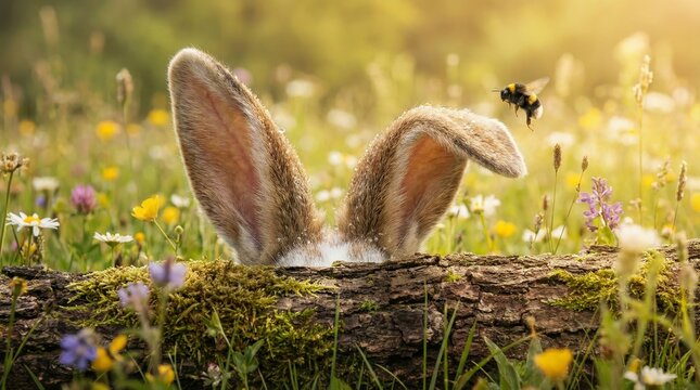 Rabbit ears emerging above a mossy log, curiously observing a flying bumblebee in a vibrant sunlit spring meadow filled with colorful wildflowers, symbolizing new life and awakening nature