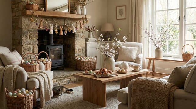 Rustic living room with stone fireplace, easter bunnies and pastel eggs, hot cross buns on a wooden coffee table, spring flowers blooming and a cat resting on the rug