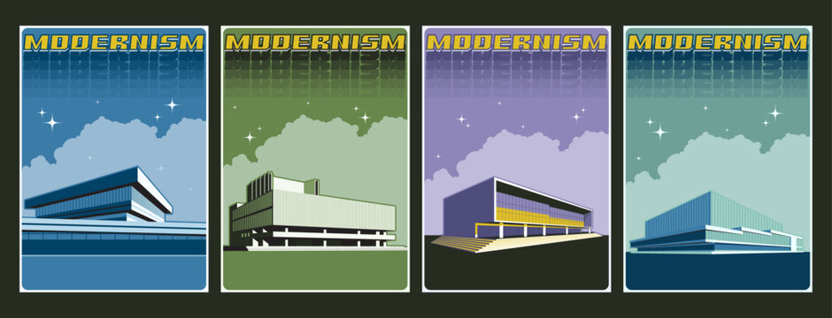 1960s - 1970s Modernism Architecture Poster Set. XX century Architectural Style. Concrete and Glass Modern Buildings