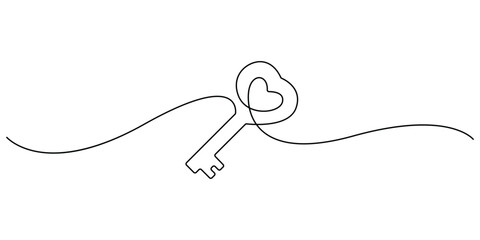 Continuous one line drawing of a heart-shaped key vector design 