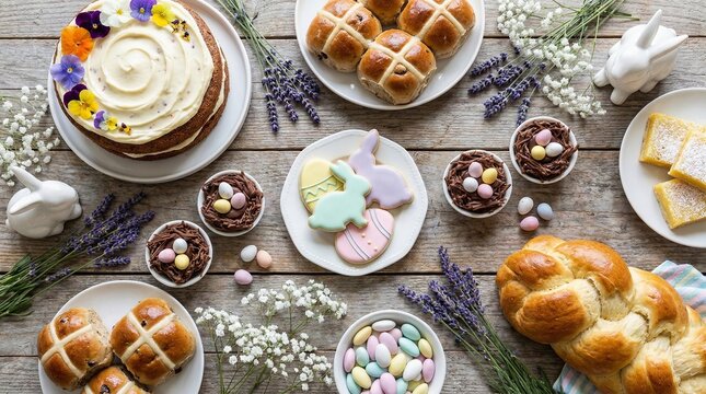Easter celebration food spread featuring hot cross buns, decorated cake, bunny and egg cookies, chocolate nest cupcakes, lemon bars, and candy eggs on a rustic wooden table