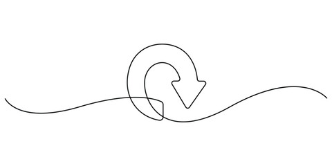 Continuous line art drawing of a back arrow symbol, like replay, reload, or U-turn vector design 