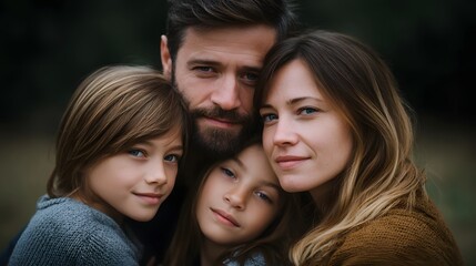 Fototapeta premium A loving family of four parents and two children share a close embrace outdoors conveying warmth and togetherness in a tender portrait