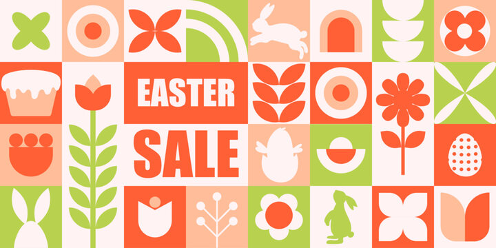 Easter geometric banner with fresh spring motifs, green leaf tiles, chick and cake icons, patterned eggs and flowers, vibrant orange and lime accents, energetic market