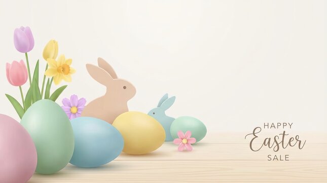 Easter sale banner showing colorful pastel eggs, spring flowers, and bunny cutouts on a light wooden surface, creating a festive holiday advertisement background