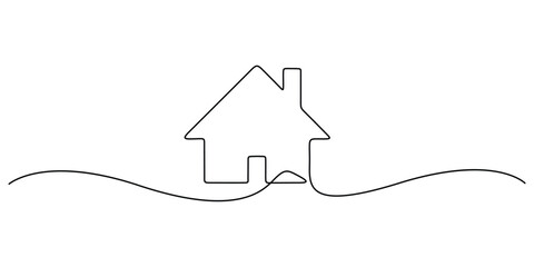 Minimalist continuous line drawing of a house, concepts for real estate, property, and the idea of "home" in a modern, simplistic style