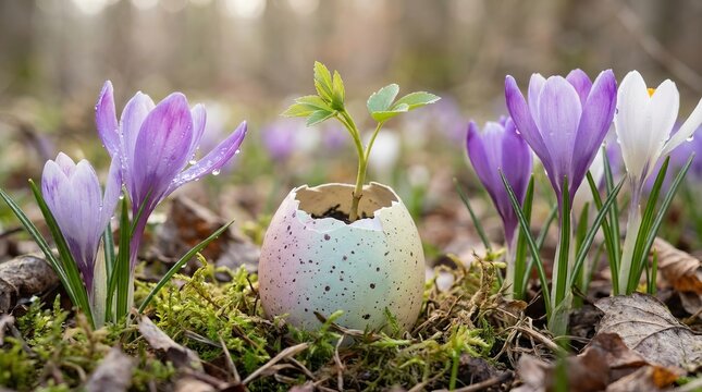 Young seedling emerging from a colorful speckled eggshell, surrounded by vibrant purple and white crocus flowers with dew drops, symbolizing new life, growth and renewal in springtime