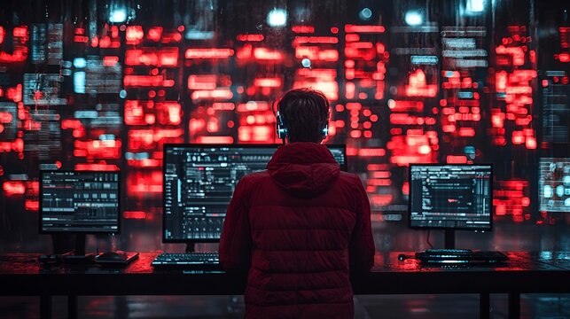 Hacker monitoring digital data streams on multiple computer screens in a dark room.