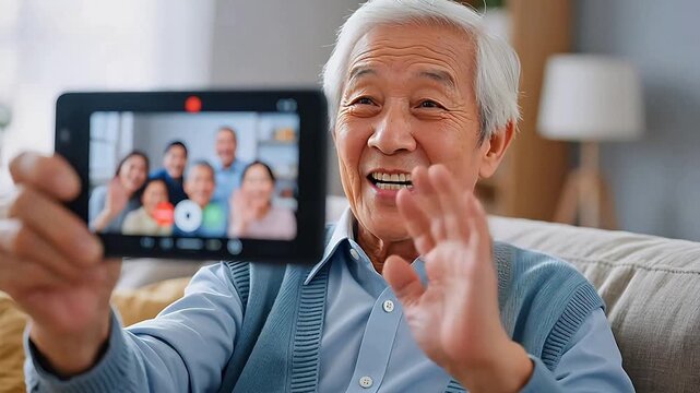 Elderly man taking group selfie
