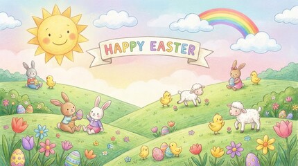 Cute cartoon bunnies, chicks and lambs celebrate easter on rolling green hills with a smiling sun, rainbow, fluffy clouds, colorful eggs and blooming spring flowers