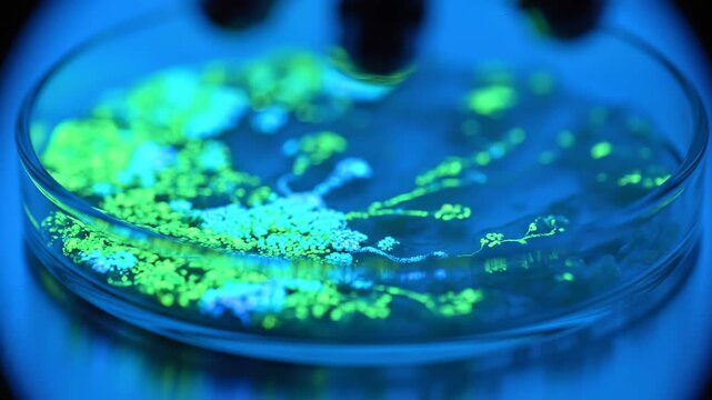 A mesmerizing scene emerges as luminous microorganisms thrive in a petri dish under ultraviolet light, creating a stunning visual tapestry of vivid hues and patterns that captivate the viewer.