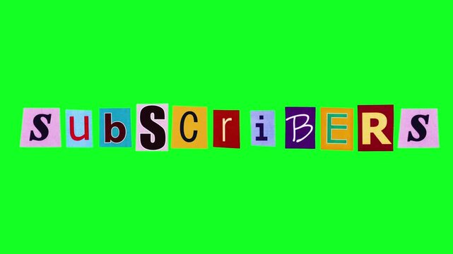 Multicolor Tiled Letters Spelling Subscribers On Green Backdrop, Playful Cutout Typography, HighContrast Color Blocks, Celebratory Social Media Mood, Channel Milestone Graphic For Creator Economy