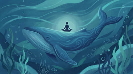 A person meditating on a whale in the ocean surrounded by seaweed and aquatic life