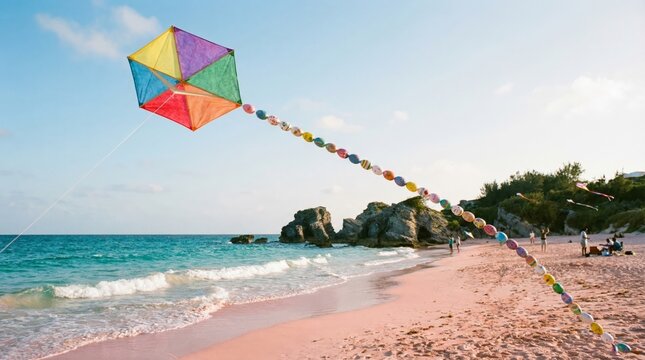 Colorful kite flying over the distinctive pink sand and turquoise water of horseshoe bay beach in bermuda, with people enjoying leisure activity on the summer day