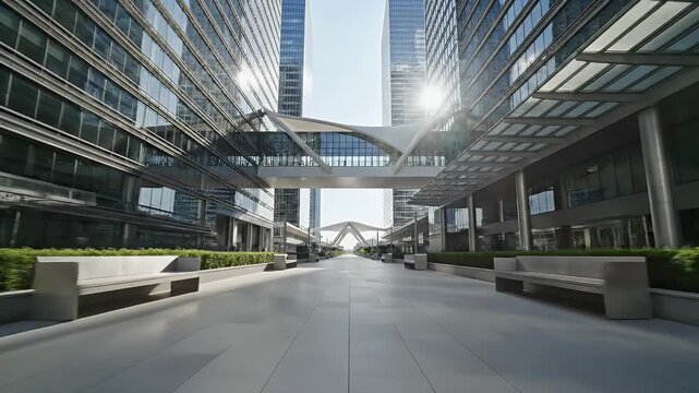 A modern pedestrian corridor flanked by glass buildings and skybridges