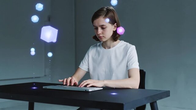 Young nonbinary person typing on a laptop as glowing geometric shapes rise from the keyboard, symbolizing digital creativity, artificial intelligence, and abstract data visualization.