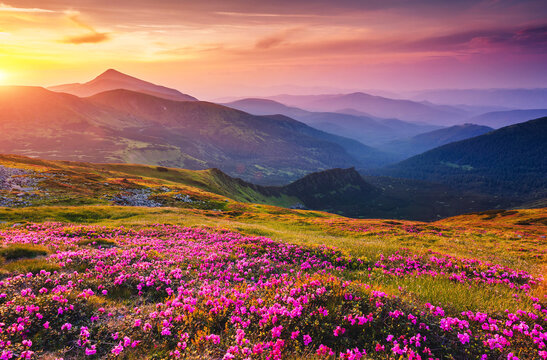 A spectacular sunset casts a warm glow over fields of blooming flowers among the Carpathian mountains. Atmospheric picture of harmony and aesthetics.