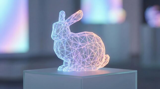 Glowing wireframe model of the stanford bunny showcasing advanced 3d rendering and holographic display technology in a futuristic setting with vibrant neon light effects