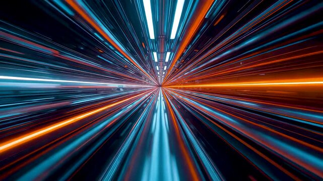 Dynamic abstract light streaks converging toward vanishing point with vibrant blue and orange motion in high speed perspective