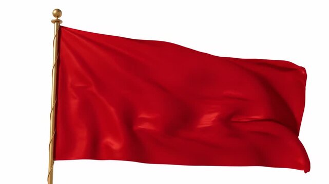 Waving solid red flag on a golden flagpole against white background, concept for warning signal, danger alert and protest banner