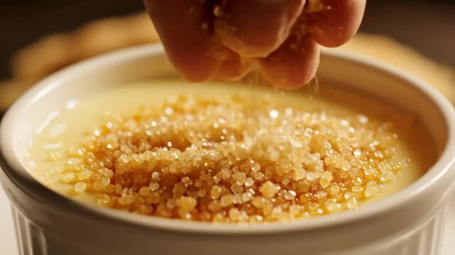 In a cozy kitchen setting, glistening sugar crystals are artfully released by hand over a creamy dessert, enhancing its appeal as a flavorful masterpiece of culinary artistry.