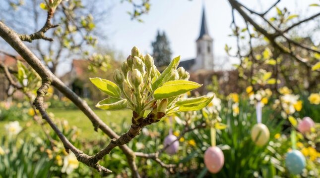 Green tree buds opening in close-up, blurred pastel easter eggs and daffodils behind, with a distant church spire over a sunlit spring garden suggesting renewal and celebration