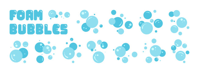 Foam bubble, cartoon soap bubbles, water soapy bath. Blue shower icon. Laundry suds set, carbonated soda effect, fizz or gas splash isolated on white background. Vector illustration © Sylfida