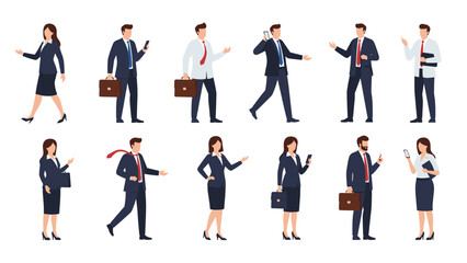 Collection of professional men and women characters are shown in various business-related poses and daily work activities.