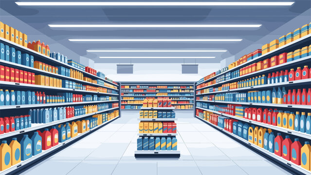 Perspective view of long supermarket aisles filled with a wide variety of colorful consumer products organized neatly on shelves in a retail store.