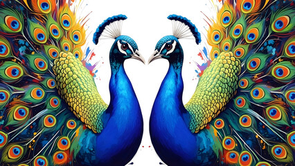 Fototapeta premium Two colorful peacocks facing each other on transparent background