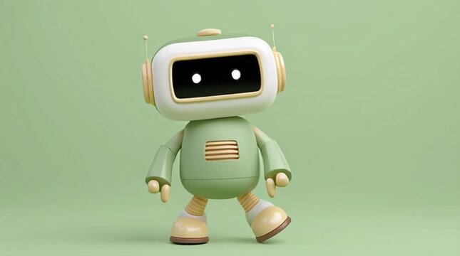 Cute green robot character standing on pastel background with minimal design and friendly cartoon style