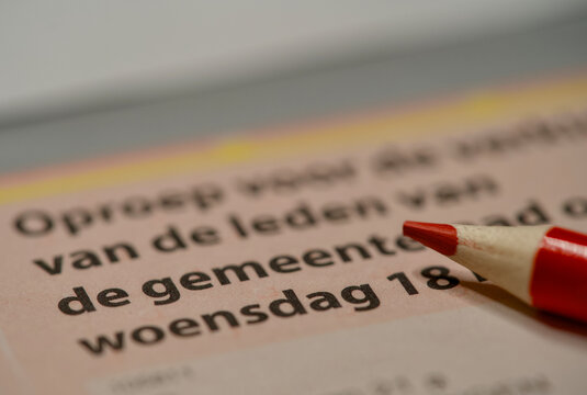 Dutch municipal council elections voting pass envelope 2026 &ndash; "Hier is uw stempas voor de gemeenteraadsverkiezingen 18 maart 2026" "Here is your voting pass" In bokeh.