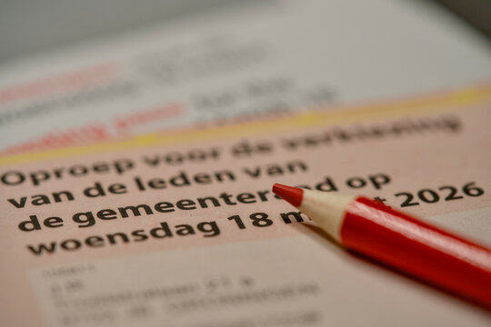 Dutch municipal council elections voting pass envelope 2026 &ndash; "Hier is uw stempas voor de gemeenteraadsverkiezingen 18 maart 2026" "Here is your voting pass" In bokeh.