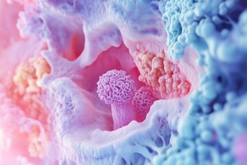 Detailed 3D rendering of a spherical virus particle with textured surface and red spike protrusions against a blurred microscopic background.