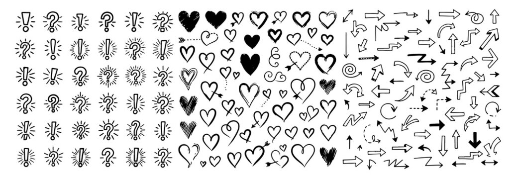 Minimalist Black Ink Doodle Icons. Hearts, Directional Arrows, and Symbols