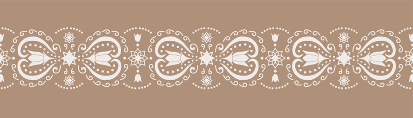 Beige ornamental floral border with tulip hearts, stars, dots and swirls in light cream on warm neutral background, elegant seamless vector divider for textile trim, packaging, invitation, card, boho  © Natalya