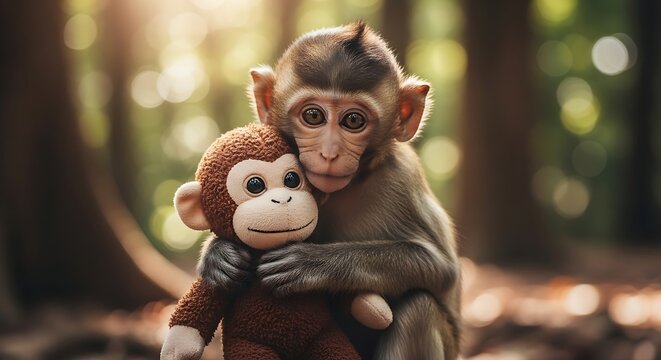 A lonely baby monkey cuddling a stuffed toy as if it were its mother, sitting on forest ground, soft golden sunlight, blurred green background, emotional and tender mood