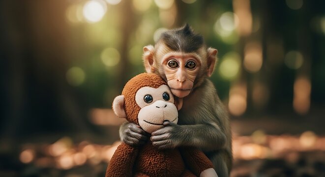 Adorable baby monkey hugging a plush monkey doll in a forest, expressive big eyes, soft focus background, warm lighting, photorealistic, shallow depth of field, emotional storytelling image, high 