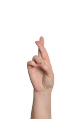 fingers crossed gesture symbolizing hope good luck and positive expectations for success in business. isolated on transparent background, PNG