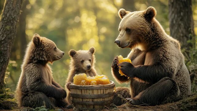 bear eats honey Selective focus