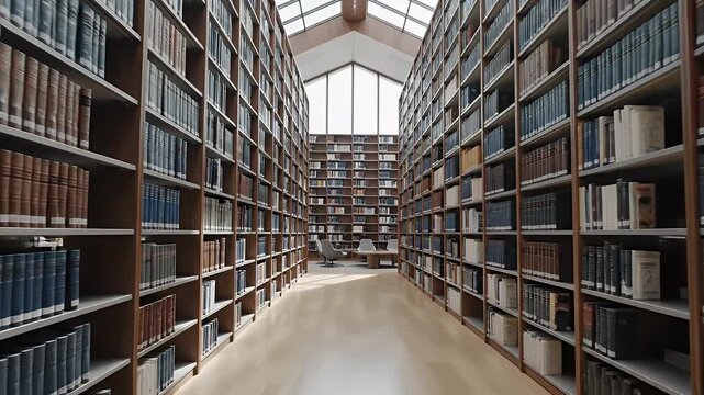 Symmetrical library aisle with tall bookshelves under a bright skylight