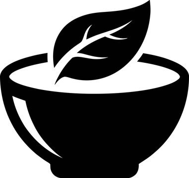 Organic Bowl with Leaf Icon , Healthy Food and Herbal Medicine Vector Silhouette