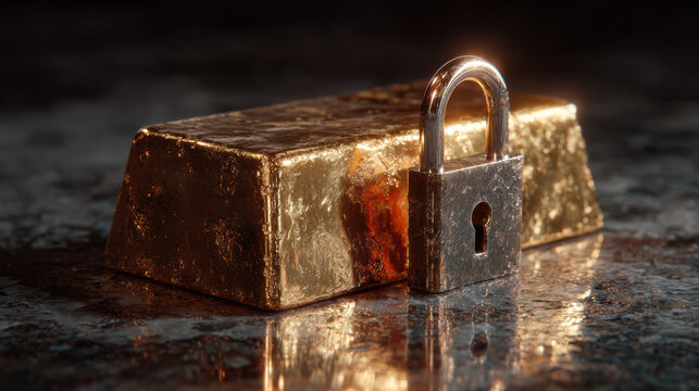 Gold ingot illuminated by spotlight with lock shadow, security, safe haven symbolism