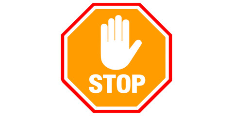Obraz premium A red octagon stop sign icon with a hand symbol creates a caution signal for road safety and traffic danger in this vector illustration concept