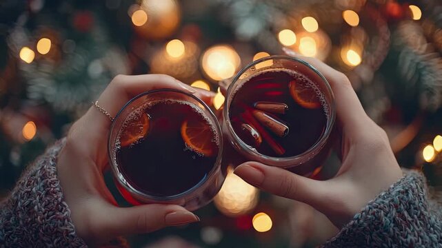 woman holding mulled wine top view Christmas. Selective focus