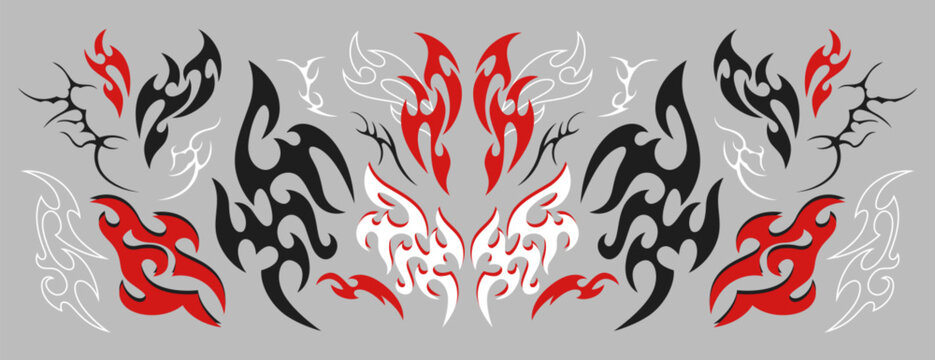 Hand drawn neo tribal tattoo. Neotribal gothic butterfly with outline wings, flame, red heart or symmetrical shapes abstract dividers. Cyber sigilism y2k design elements. Celtic goth body emo stickers