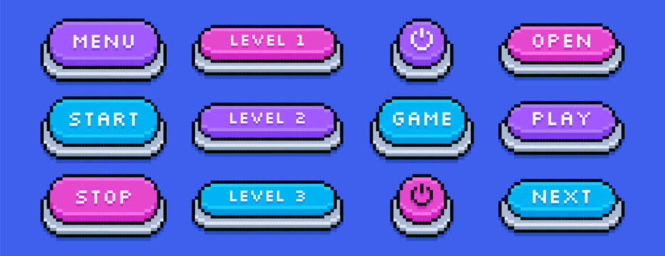 Colored pixel art play, next, open, on off switch and stop buttons. Pixelated video game symbols, text box frames, interface menu icons in 8bit retro style. Vector arcade ui elements for mobile app